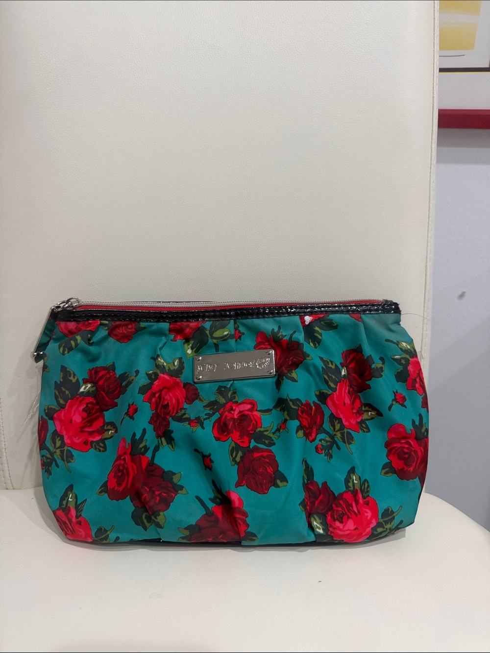 Betsey Johnson Teal Floral Cosmetic Bag with Red Rose Print